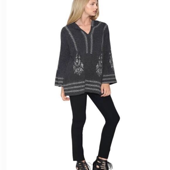 Beautiful Monoreno light Gray medium Embroidered Bohemian Hoodie Tunic Top - Picture 6 of 8
